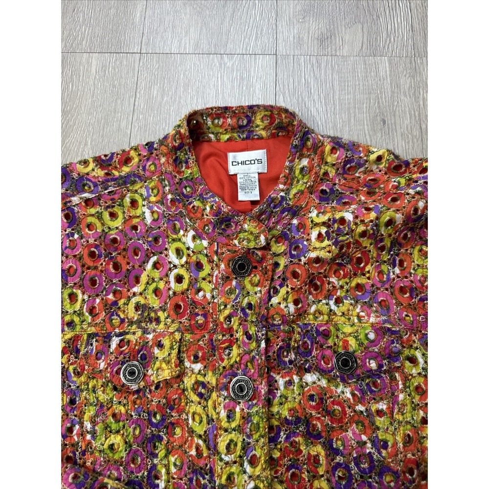 CHICO'S Jacket Colorful Button Down Quilt Accent Boho Garden Women 3 US XL / 16